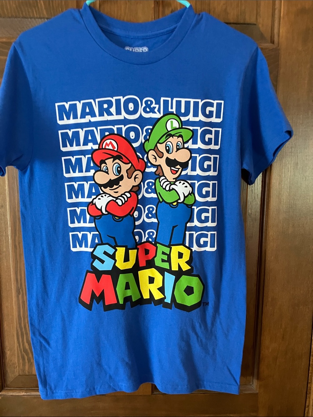 Nintendo Super Mario Blue Graphic T-Shirt with Mario & Luigi, men’s small
